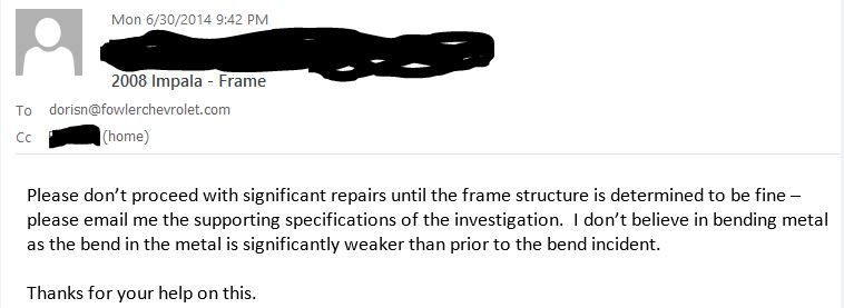 I emailed the dealer and requested they not proceed with repairs until the frame is confirmed to be OK.  They proceeded anyway.