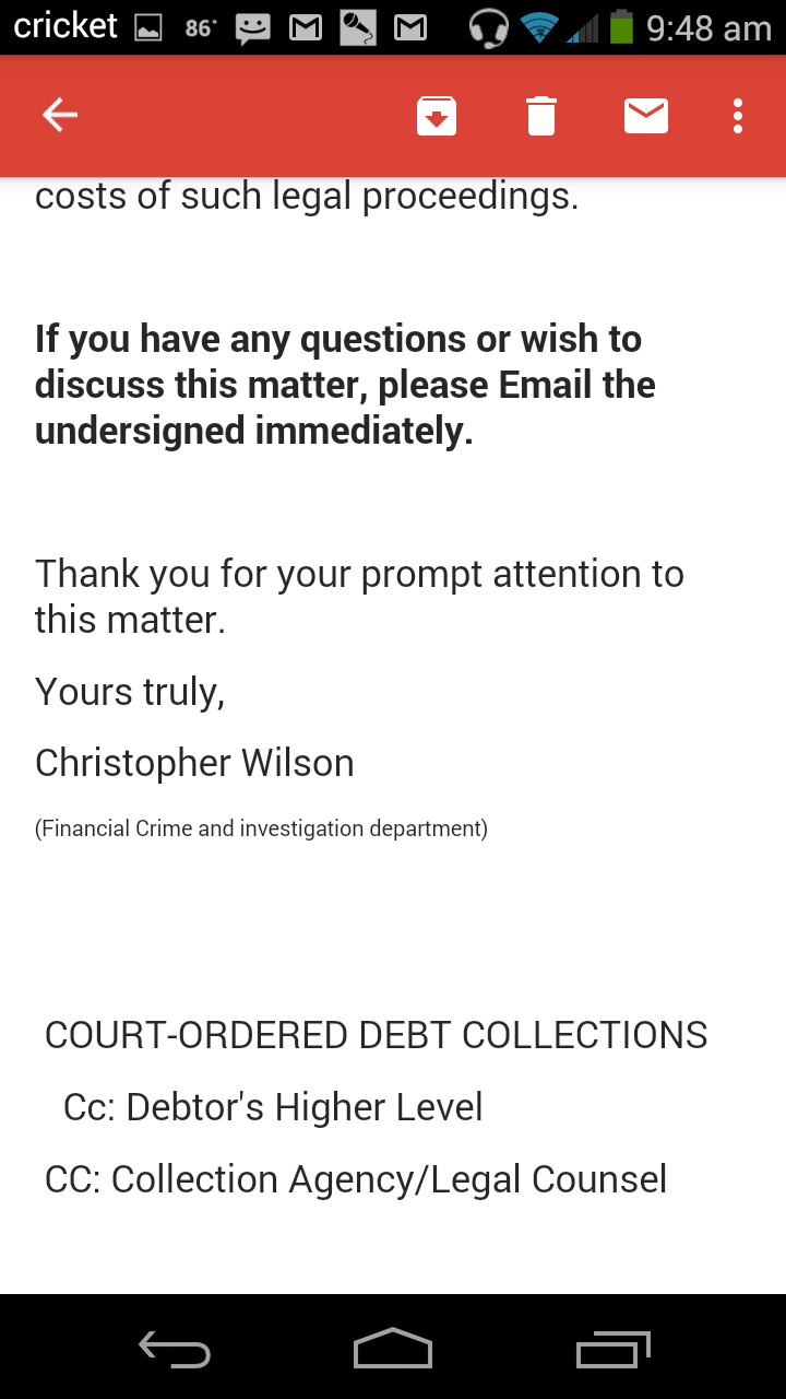 Copy of email received from this agency 