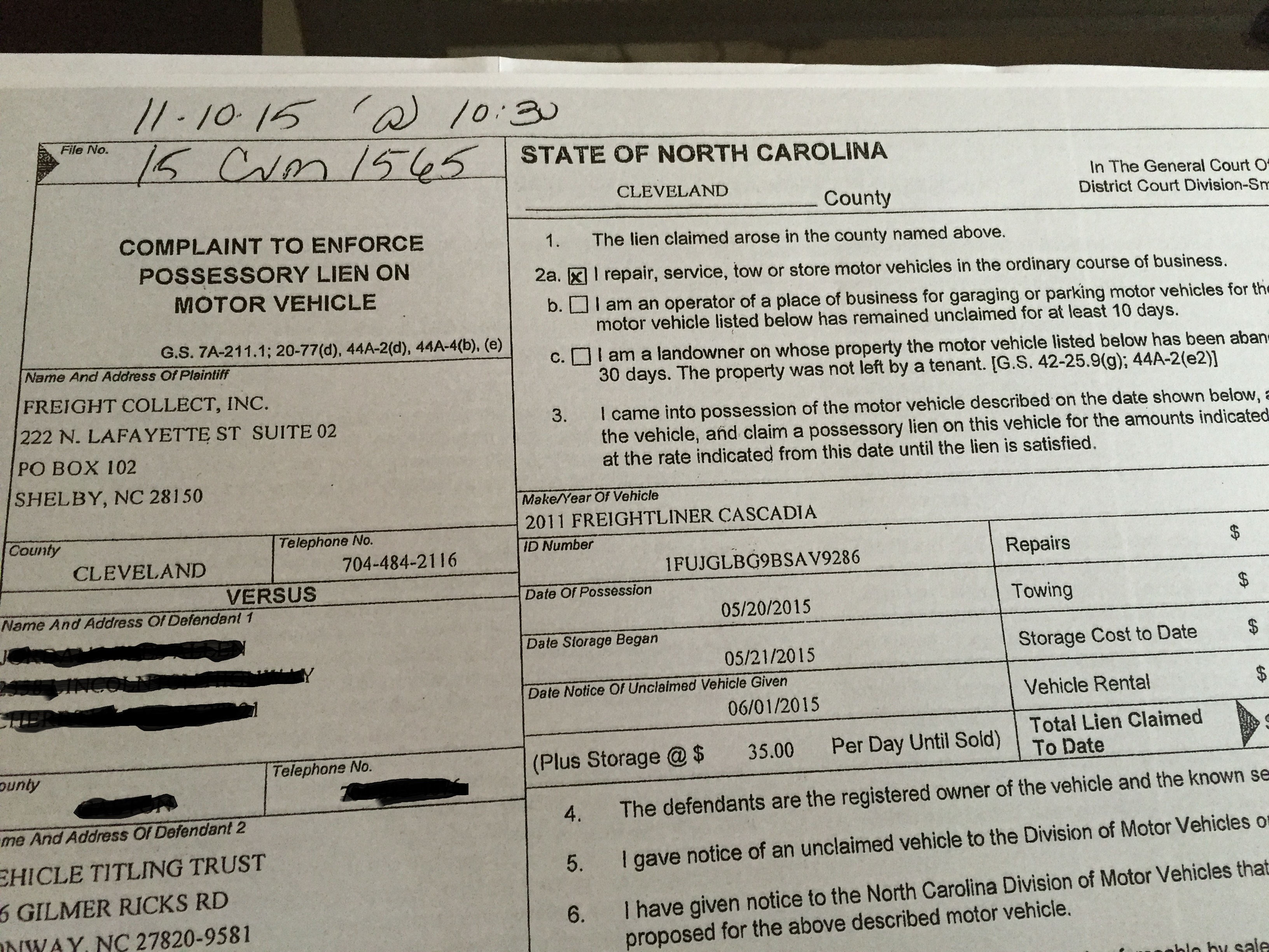 This is a picture of page two of an official document filed with the NC Court system where Freight Collect Inc proclaims that they repair, service, tow or store motor vehicles during the ordinary cour