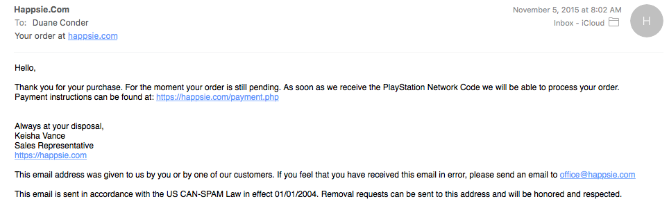 an email asking for the playstation code for payment