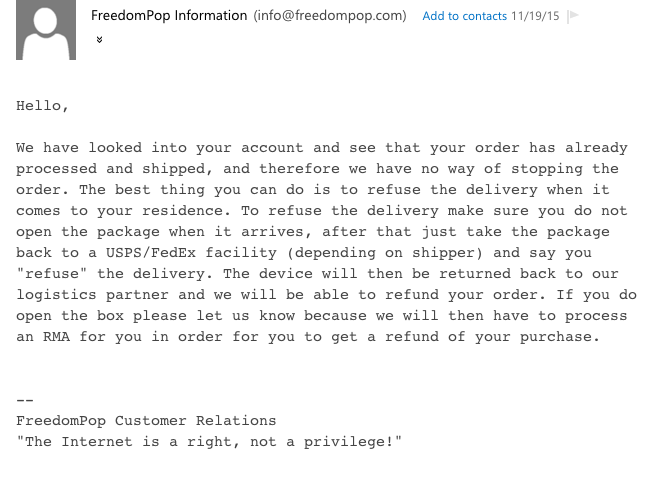 Email of them telling me they cant stop the order even though they said they would twice and giving me incorrect return instructions.