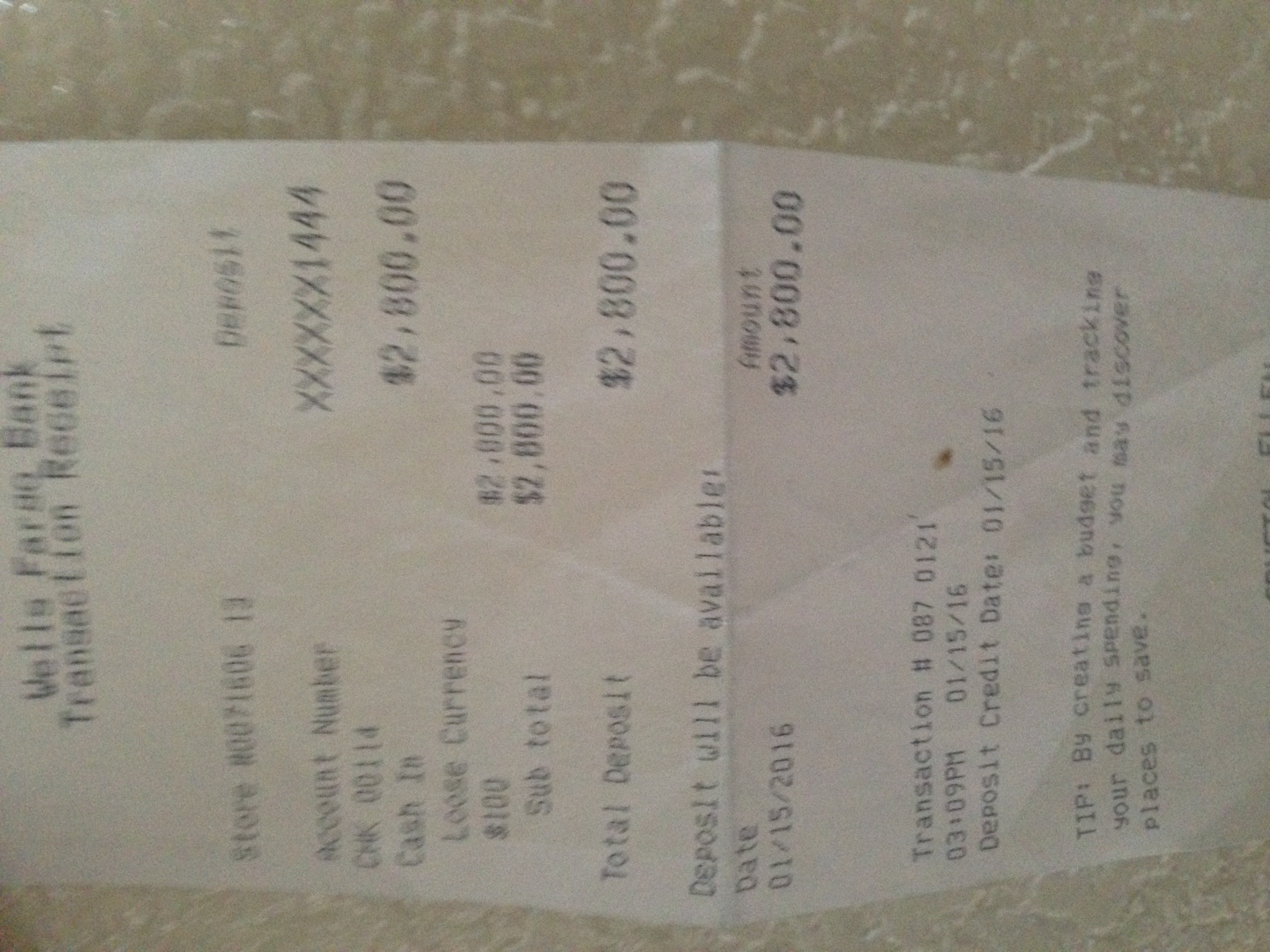 wells fargo receipt for depositing cash into his account