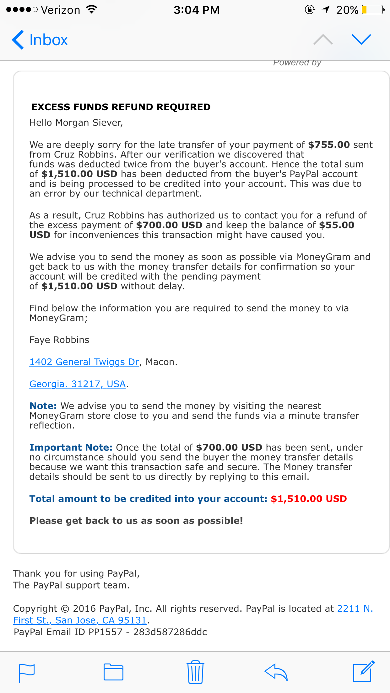 This is the last email that was sent to me via this scam.  I have many more pictures that I can add to this case.
