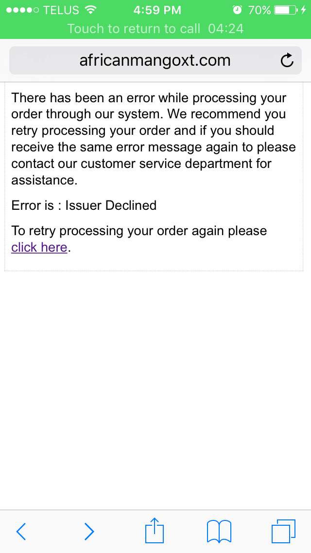 The screenshot of my order being declined 