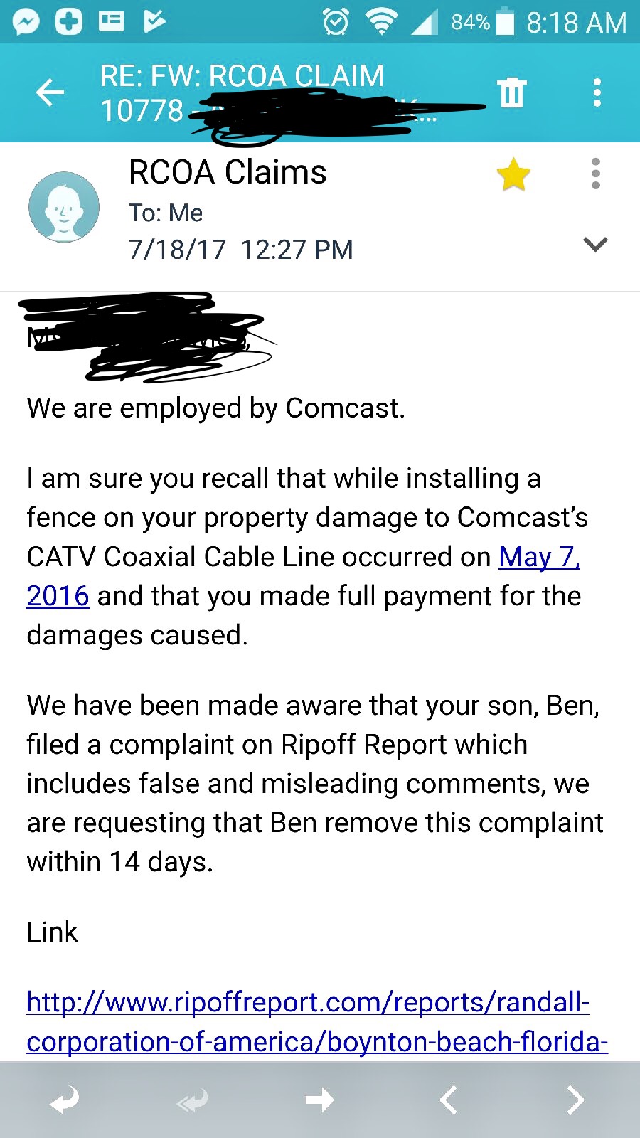 Copy of the email that was sent by the company