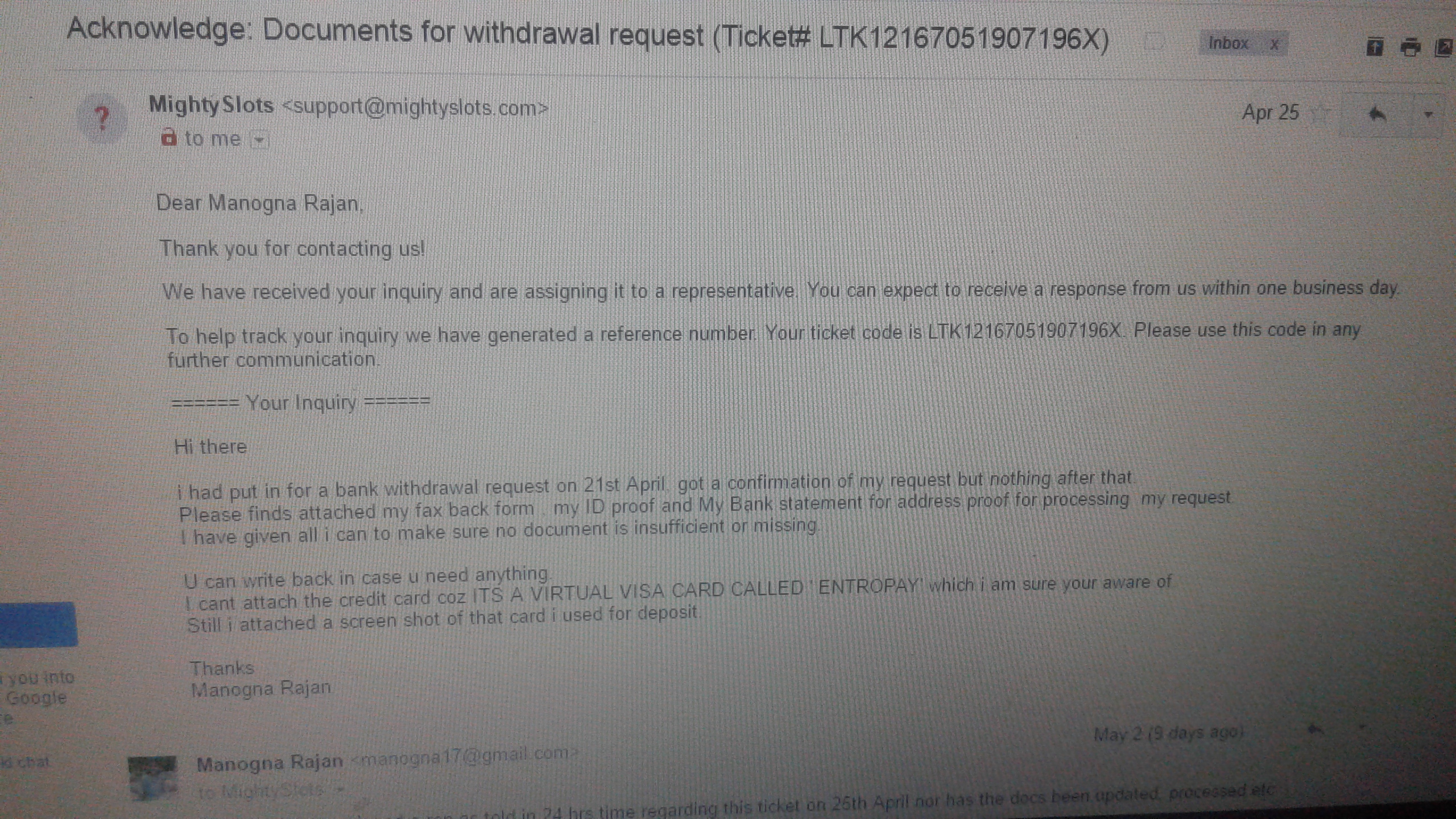 from mightyslots only acknowledgemnt and tickets come nothing more aftr that