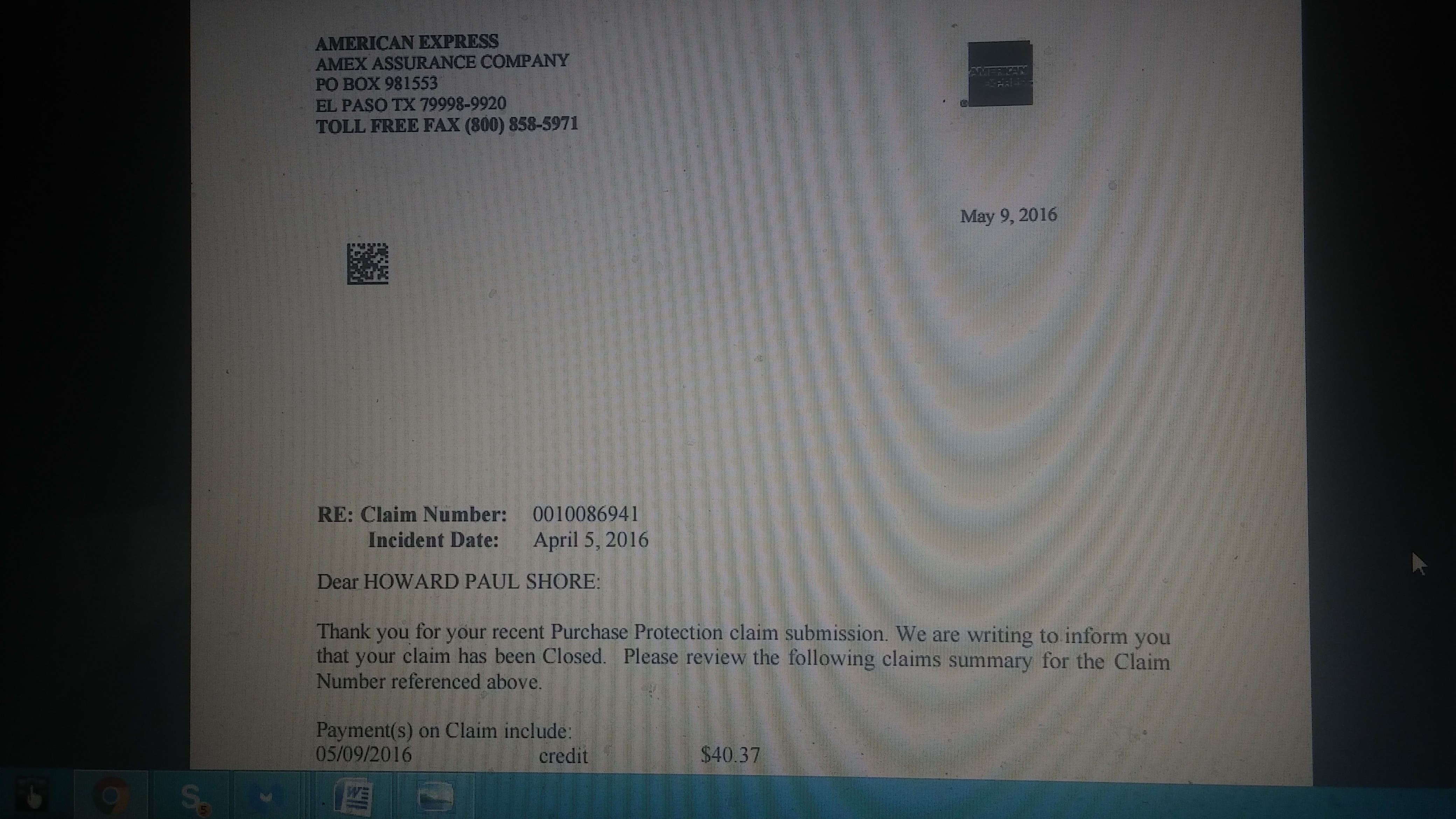 Response Letter From American Express Claims Department Approving My Claim.