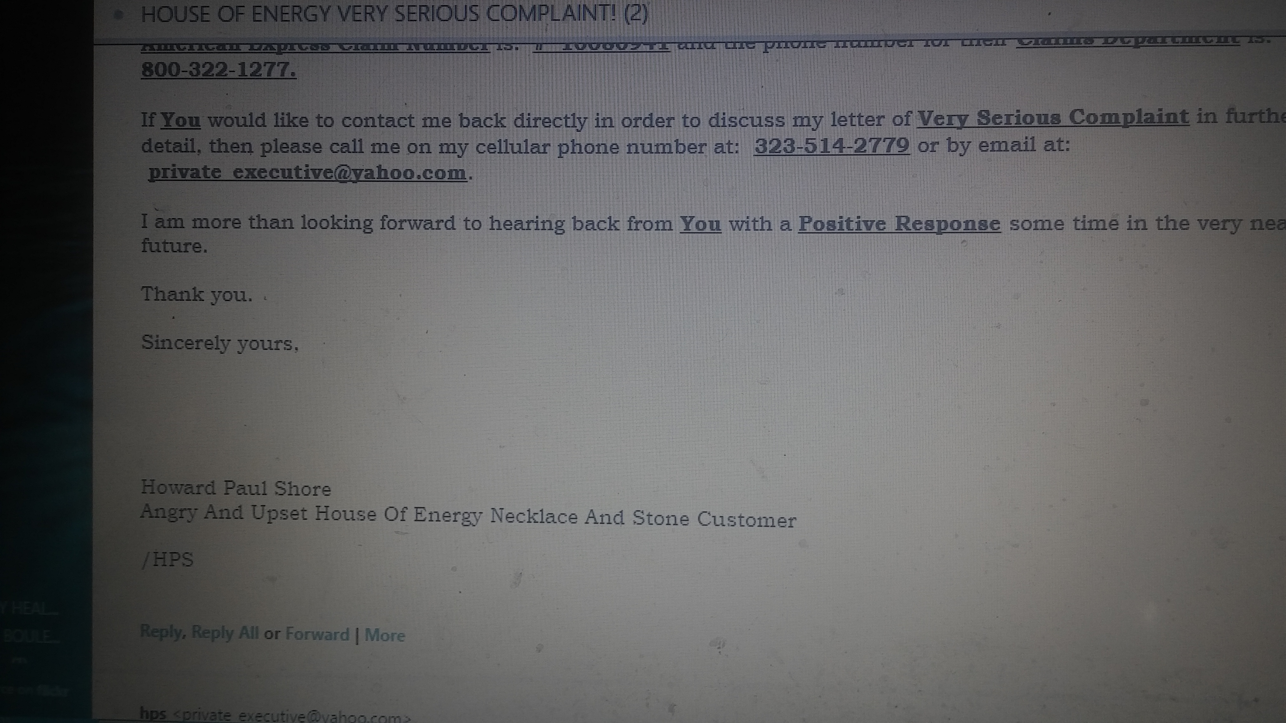 Letter Of Very Serious Complaint That I Had Filed With The House Of Energy, Via Email Back On Thursday, May 5th, 2016.