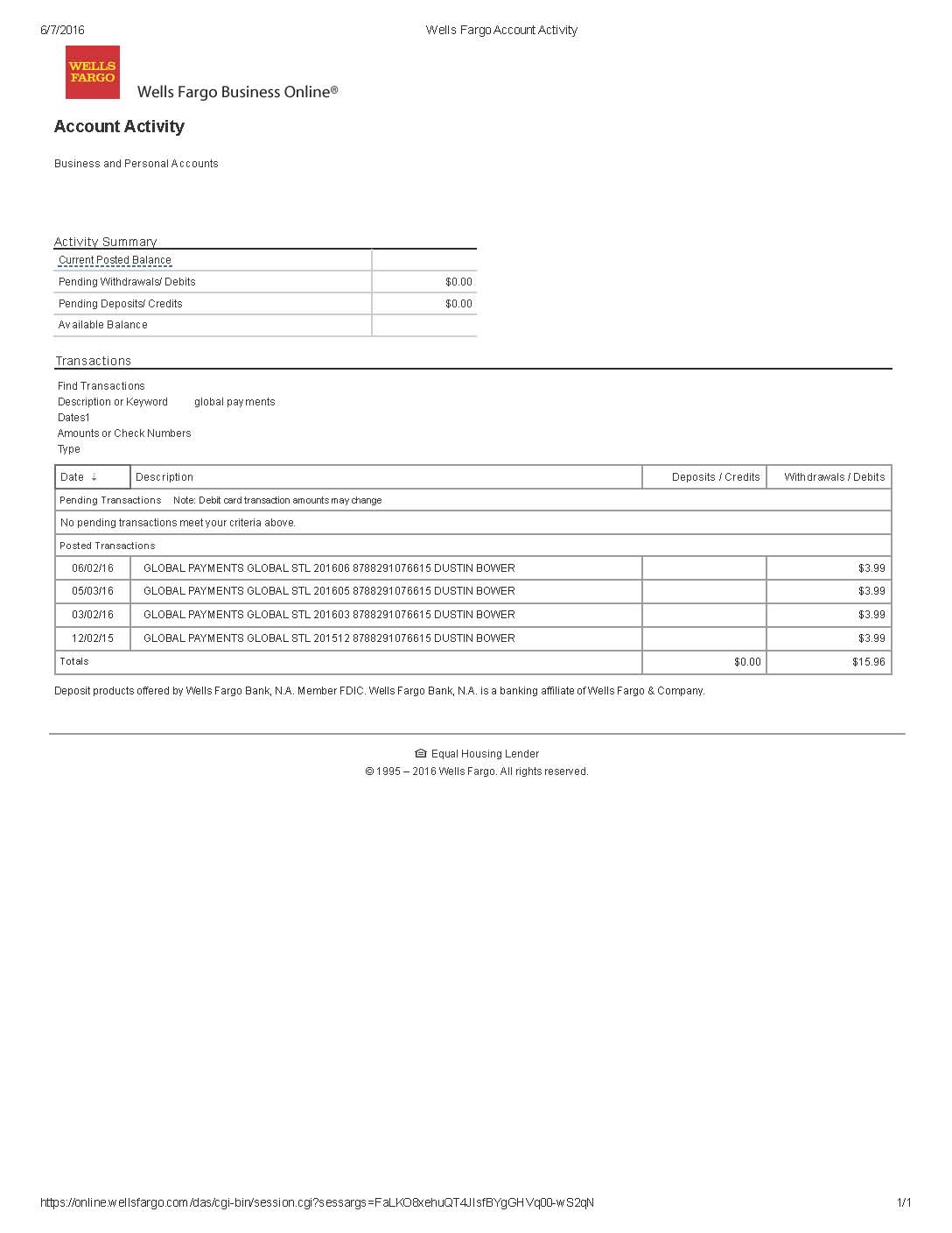 Copy of Bank Statement showing fees