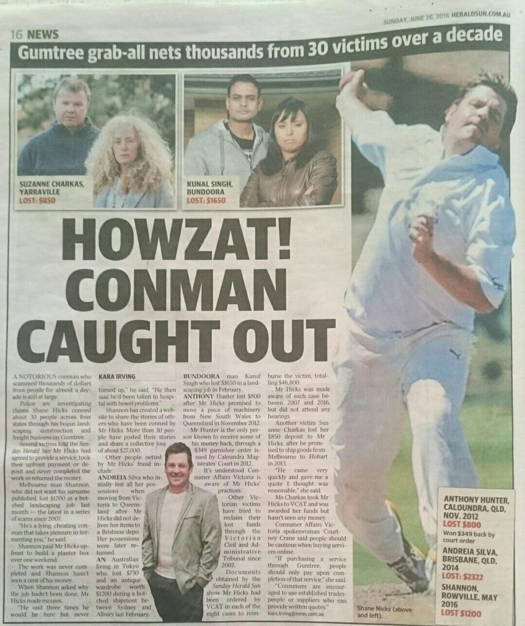 Article published in the Melbourne Herald Sun talking about his escapades