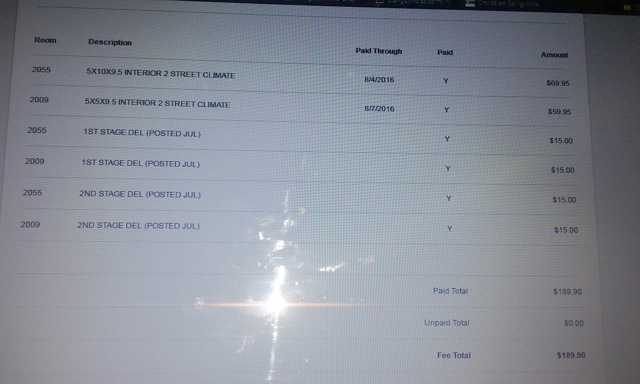 Invoice showing $15 charge late fees 4 times for one month for 2 storages