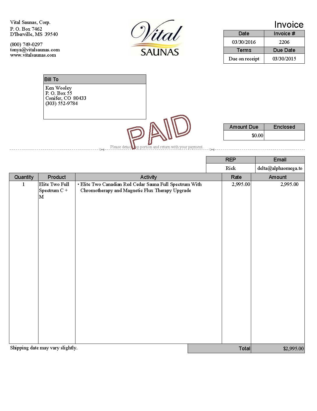 Invoice from Vital Saunas USA