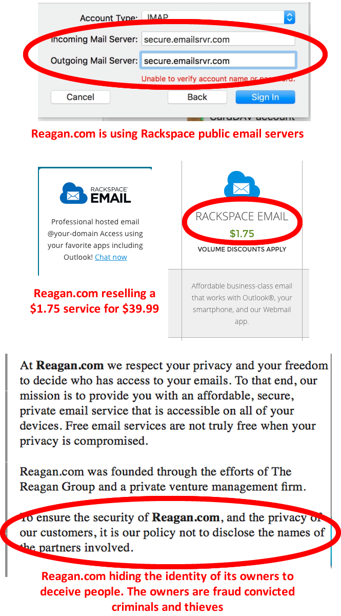 Reagan.com is using a public server and reselling a $1.75 service for $39.99. Reagan.com is also hiding the identity of its owners to deceive people. The owners are fraud convicted criminals and thiev