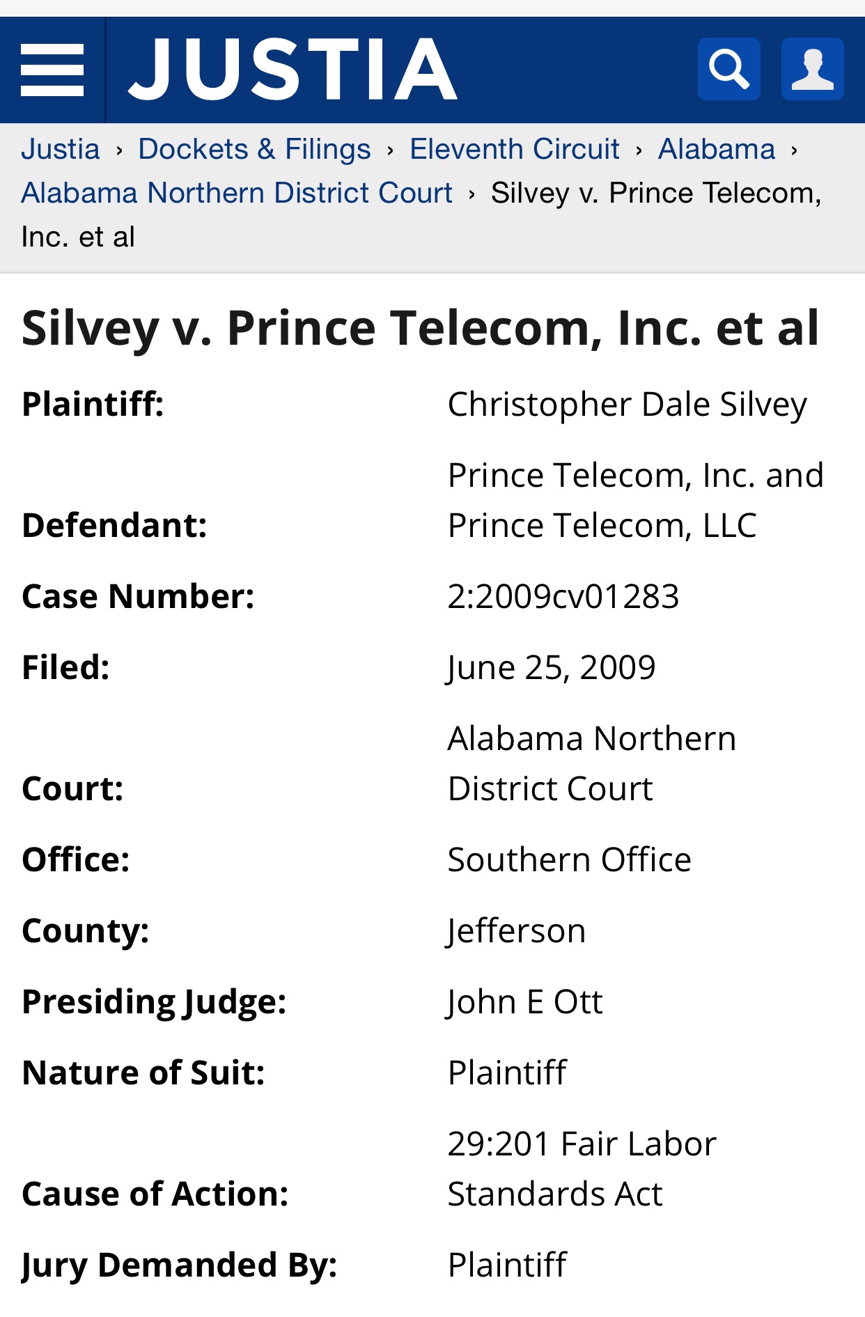 silvey v prince telecom Discrimination lawsuit .https://dockets.justia.com/docket/alabama/alndce/2:2009cv01283/127460