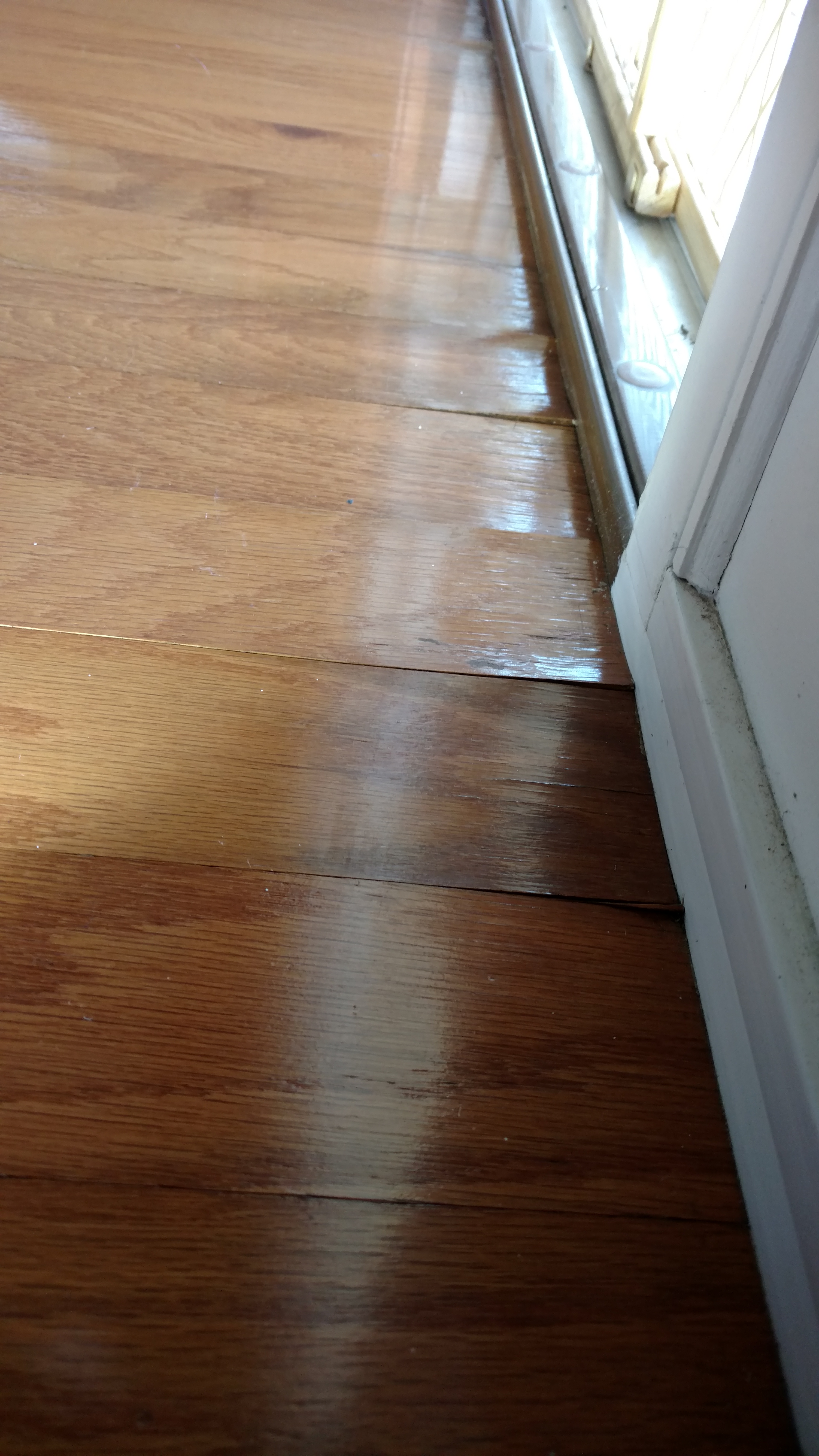 Buckled floor on threshold for front door.