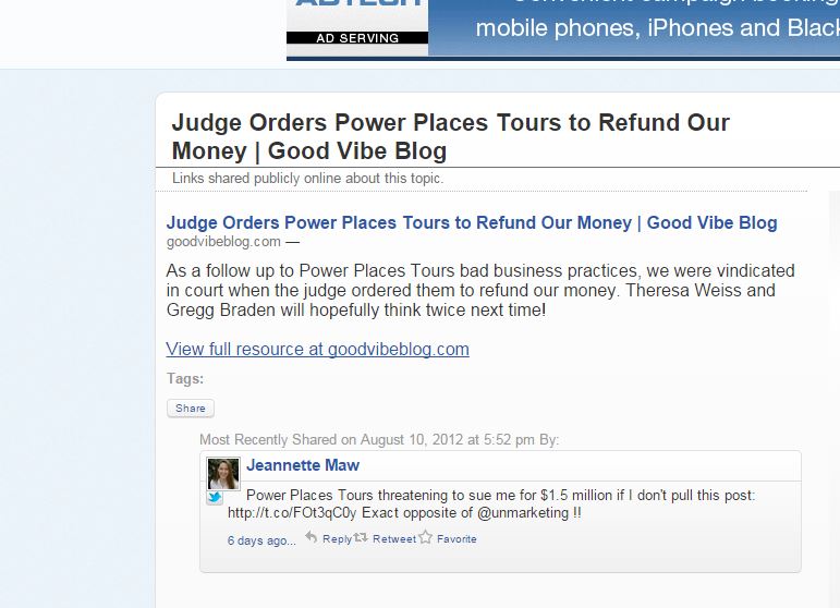 Daniel Winograd, a judge, orders refund. Power Places Tours defaulted on that one as well