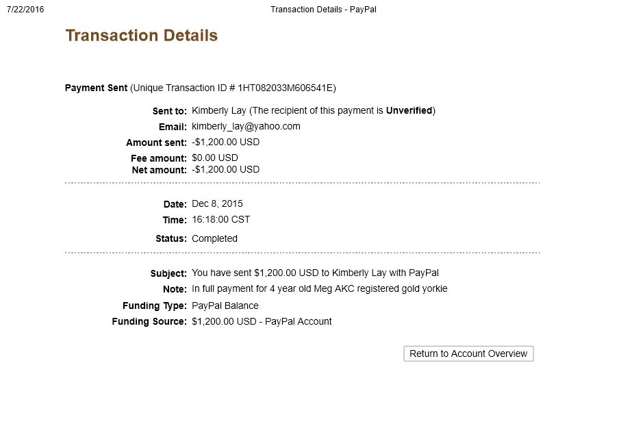 Proof of payment for AKC registered Meg in full