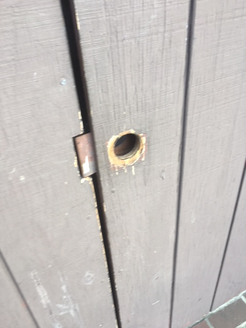 No locks on doors to secure building. Looks like the lock got drilled out