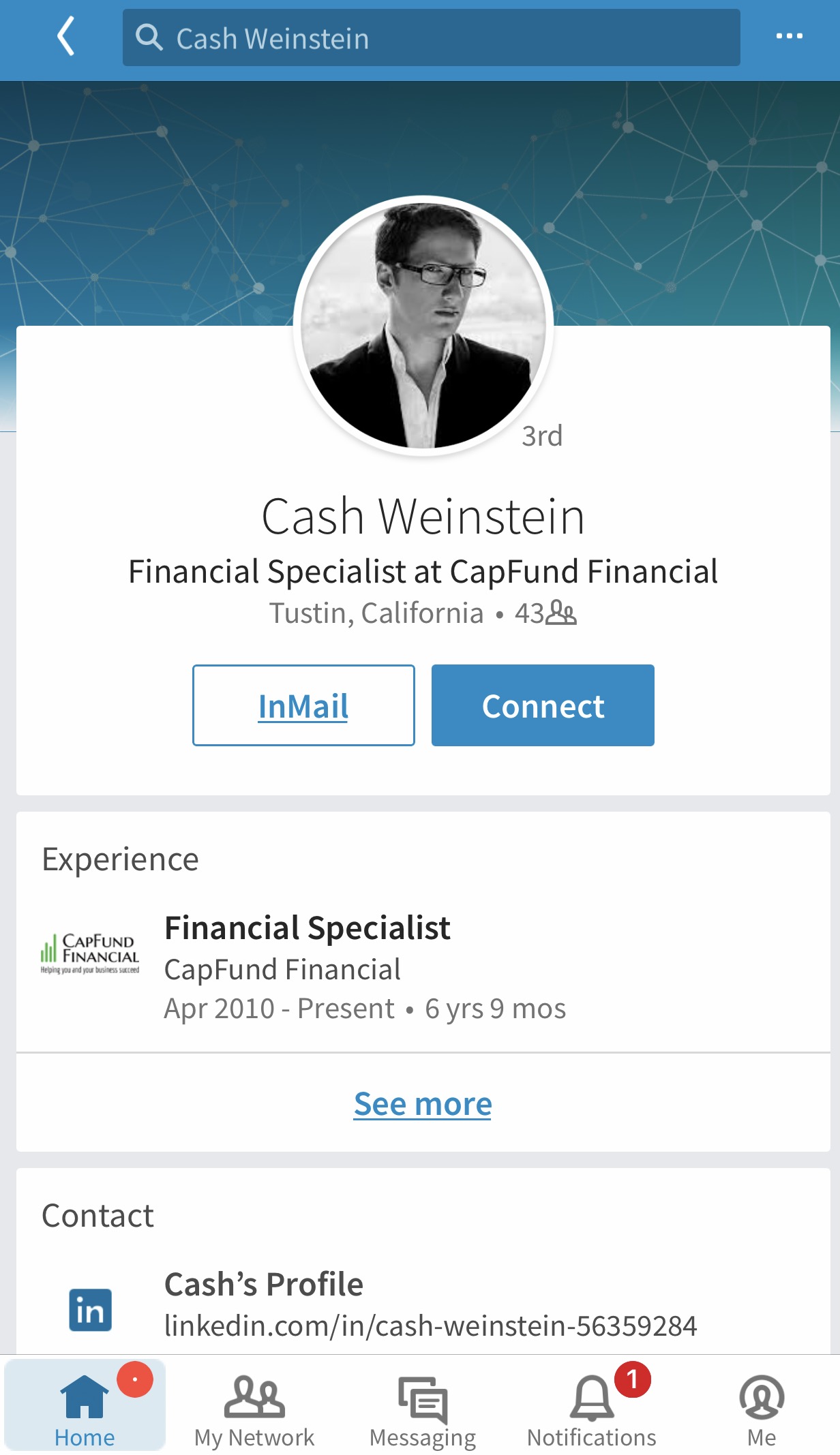Brian's fake LinkedIn Profile with alias "Cash Weinstein". Fake picture as well. 