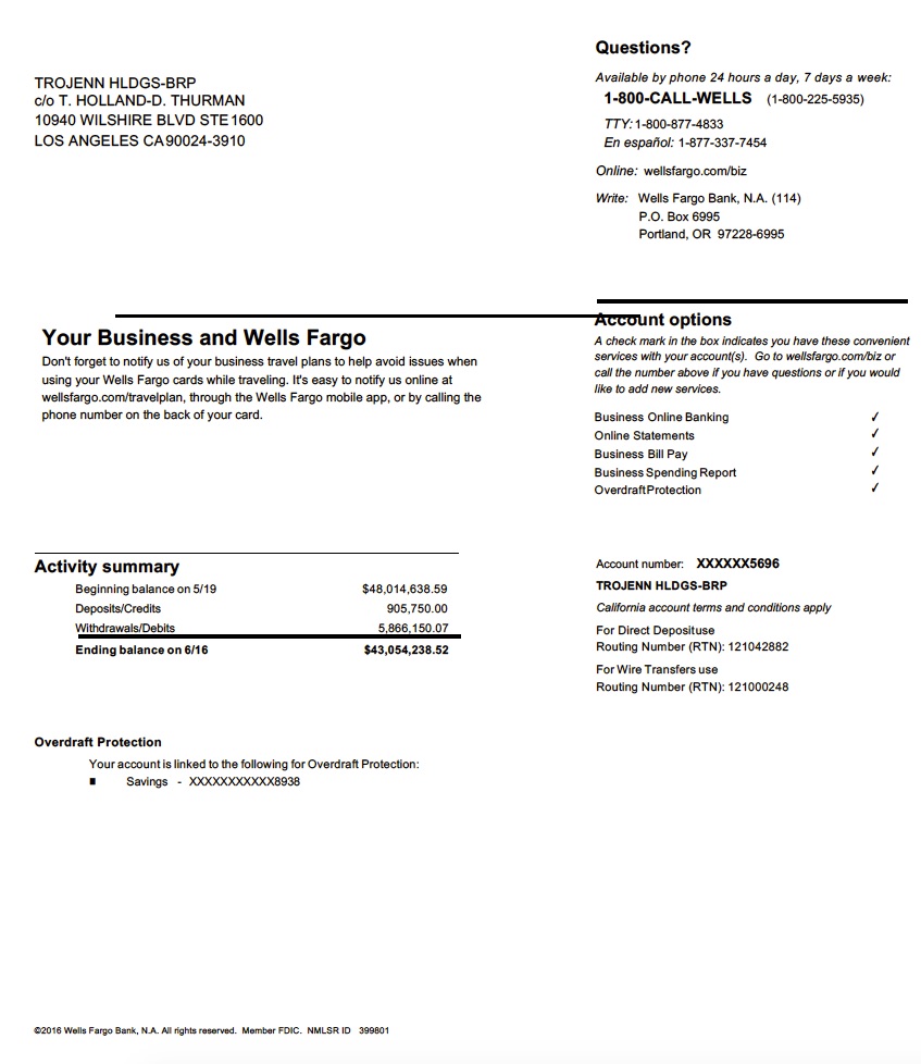 TroJenn Holdings NonProfit bank statement showing $43M