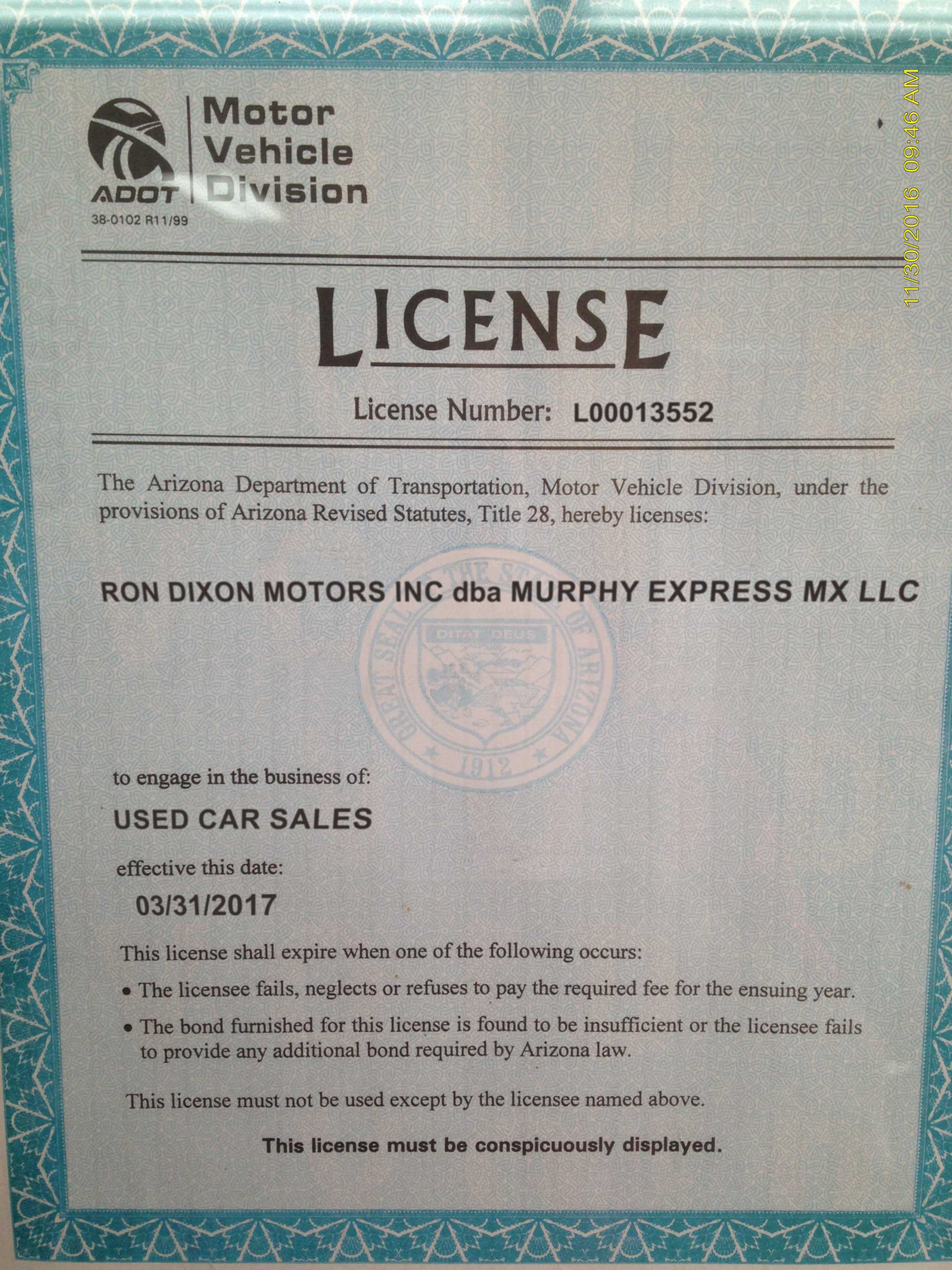 Ron Dixon Motors falsified AZ dealer license.