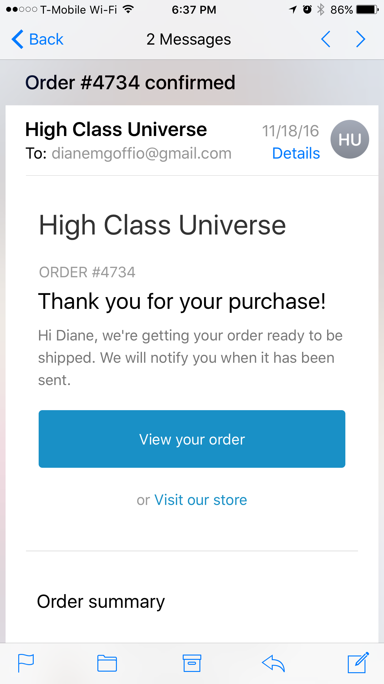 This is the email I received after order was placed. 