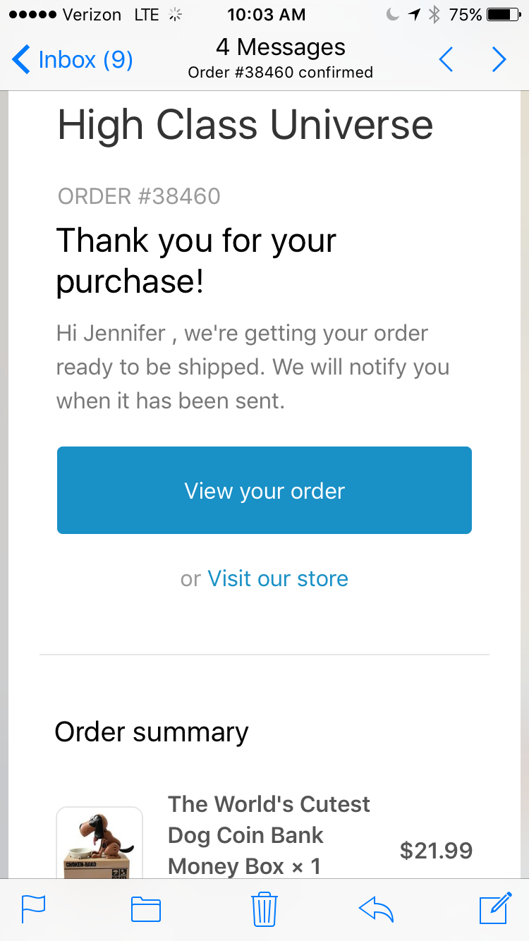 Order confirmation email