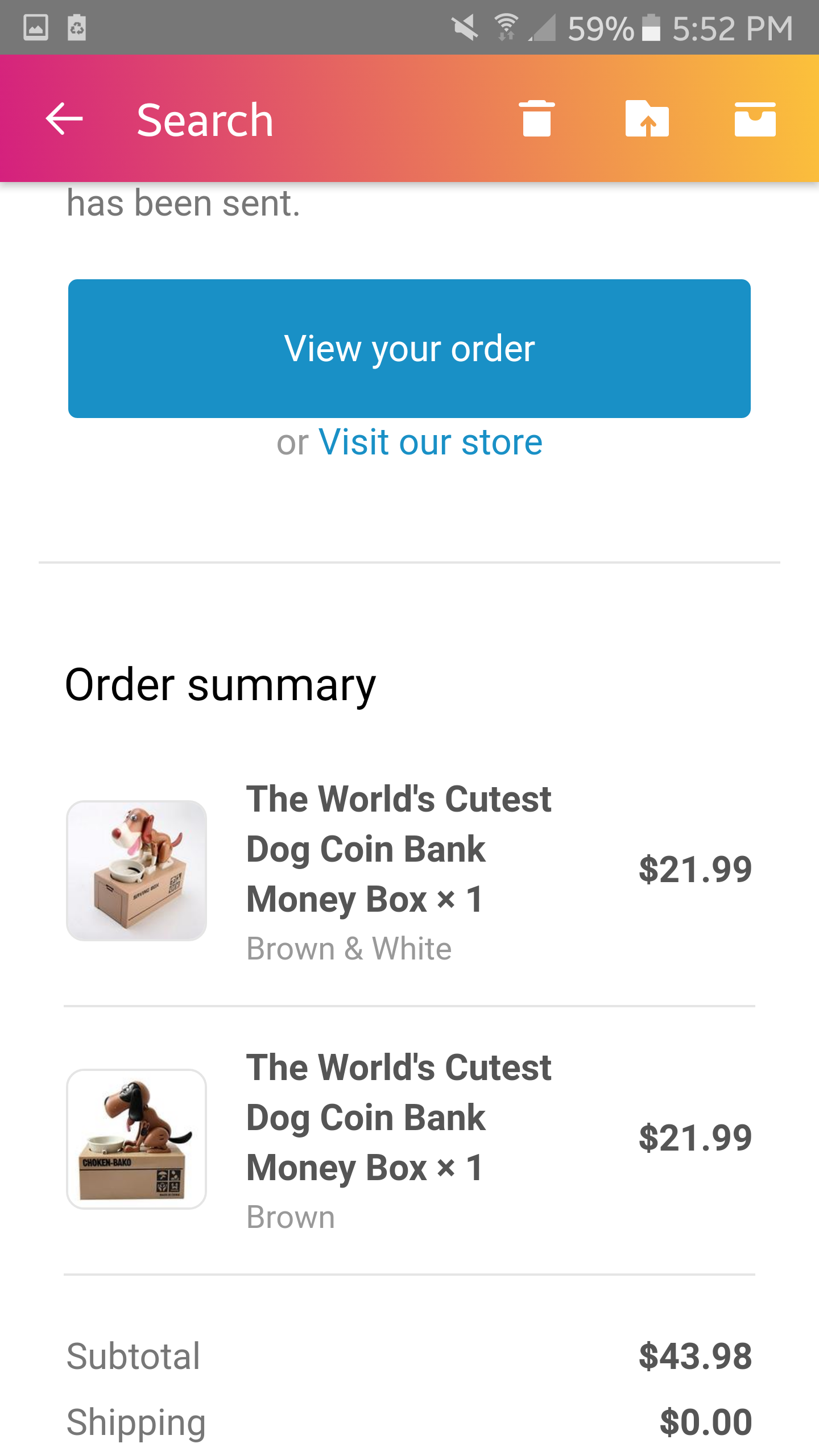 Items ordered and amount