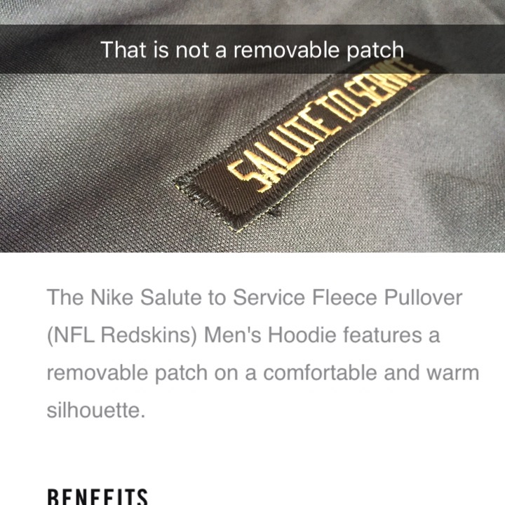 Top: upclose photo of the salute to service  pullover received, notice the sown patch, not velcro
Bottom: Nike.com decription of salute to service pullover