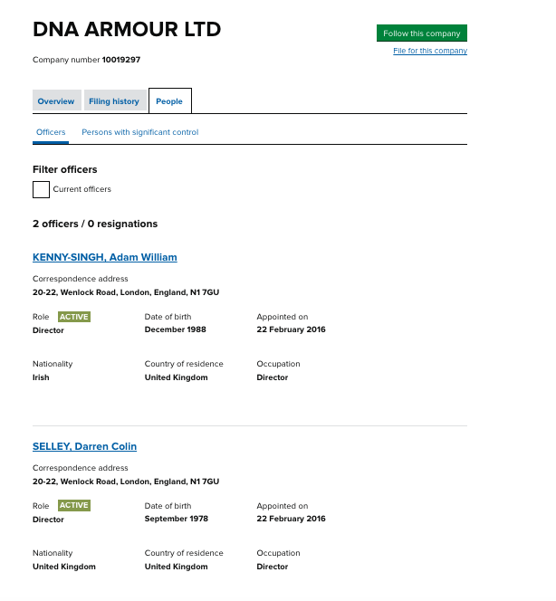 DNA Armour Ltd Proof of Directors Details 