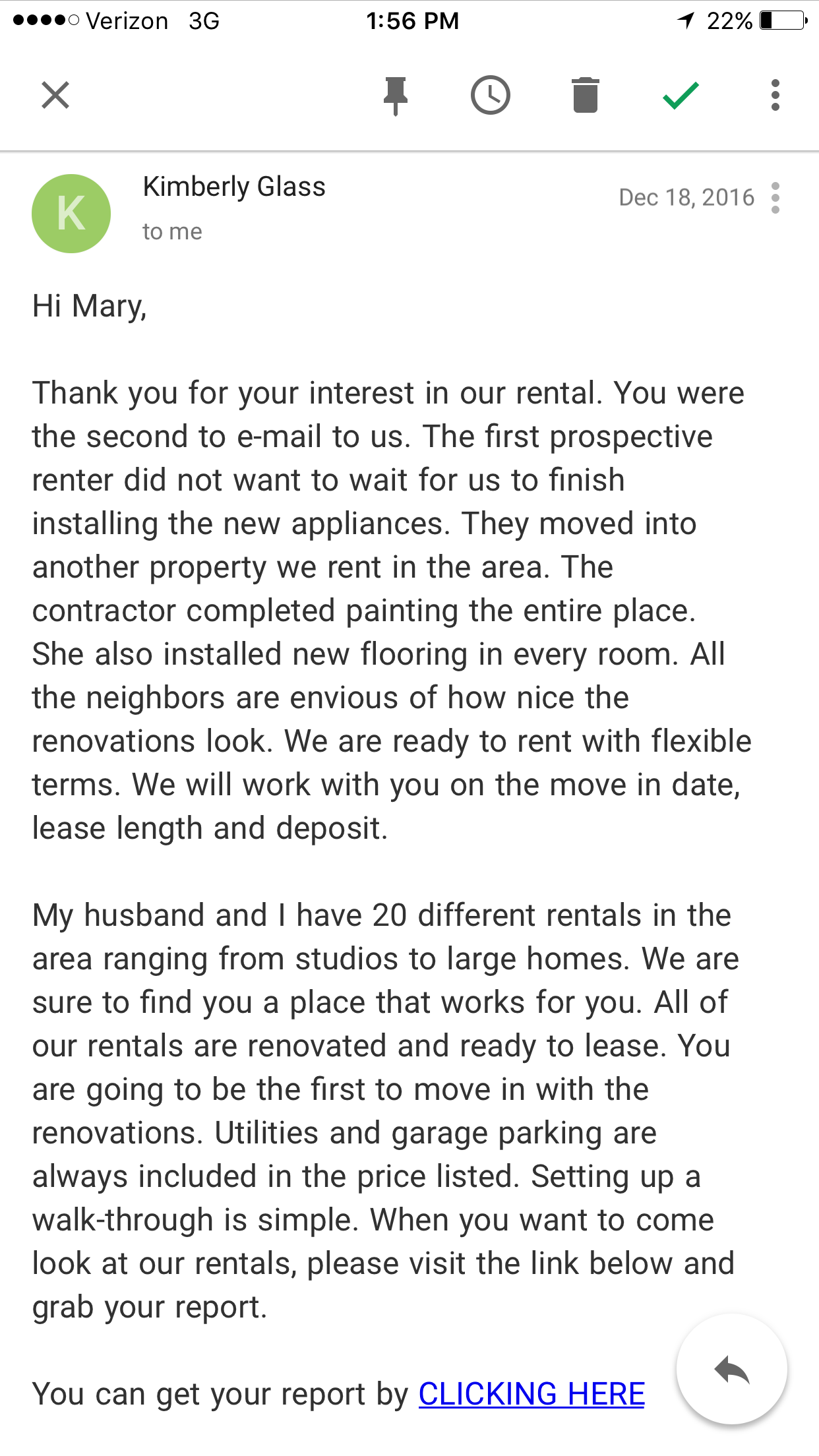 The email response received after responding to the rental ad linking to the creditupdates.com
