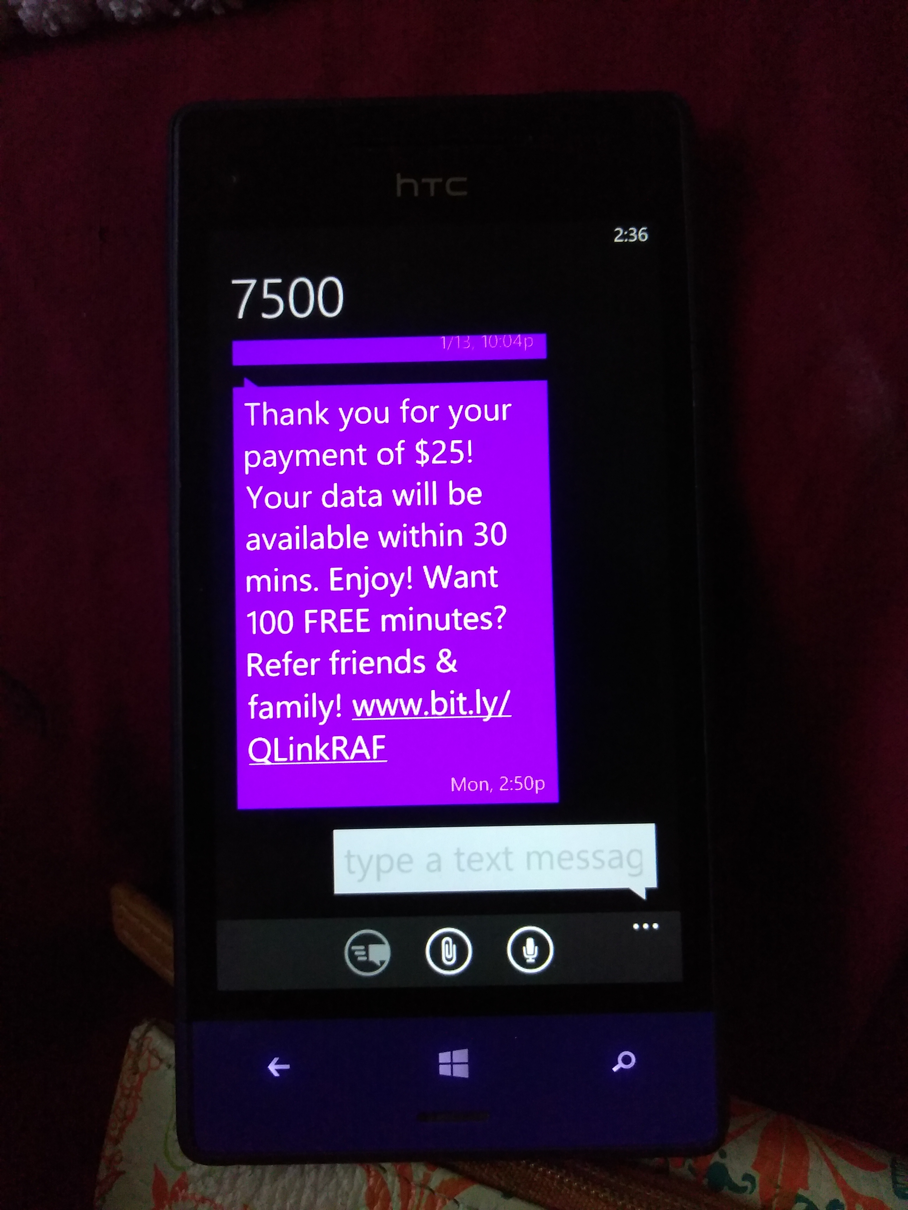 Text sent yesterday from Qlink stating they received payment