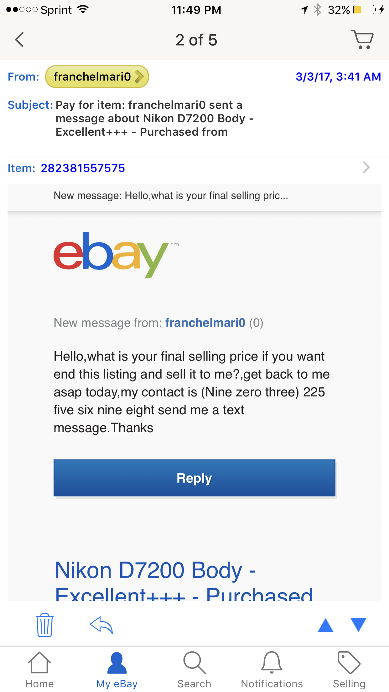 First message sent through eBay... 
