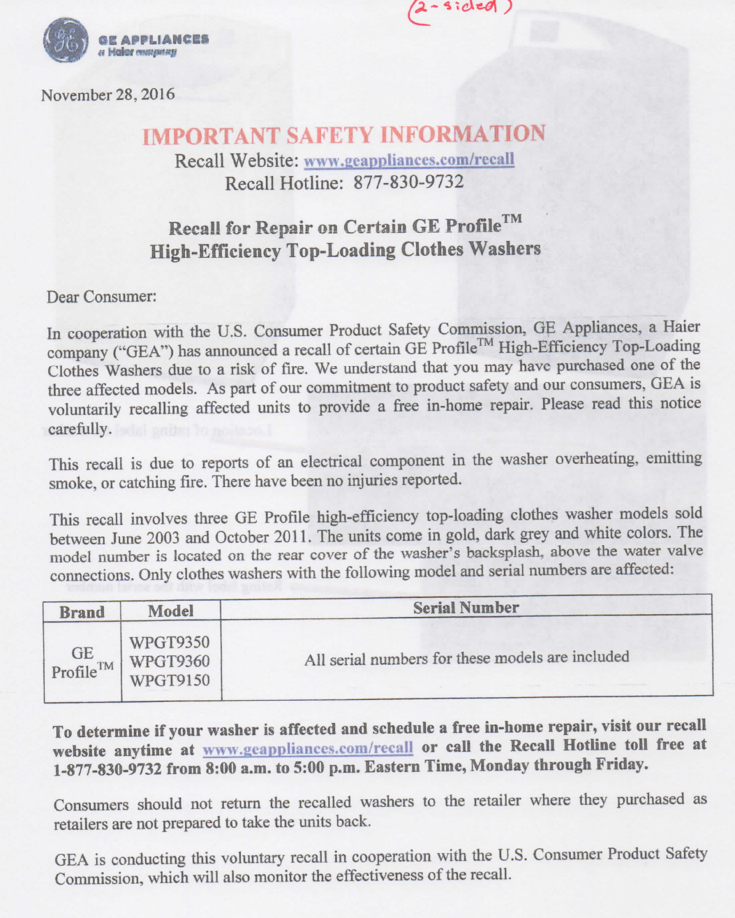 Recall letter from GE received months after defective washer caught fire