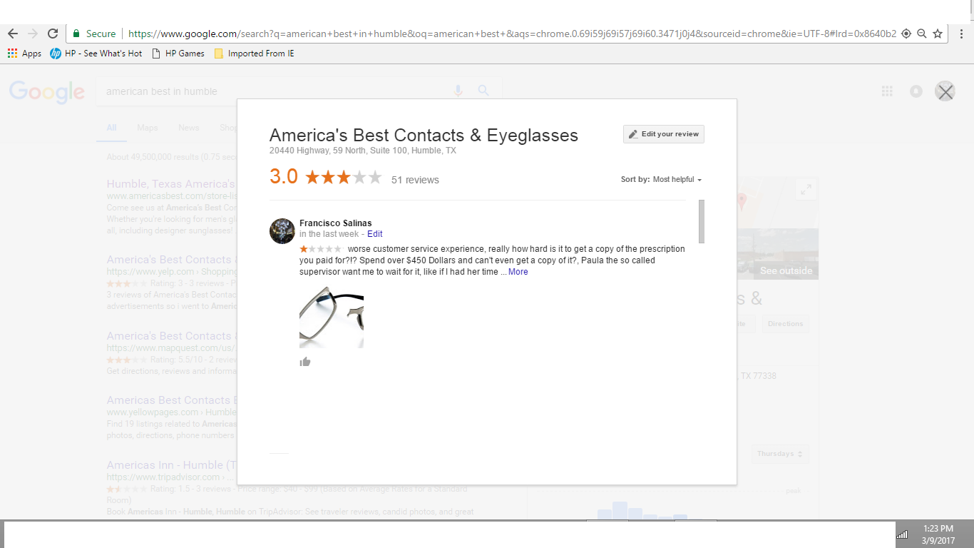 America's Best Contacts & Eyeglasses  
WebsiteDirections
3.0
51 Google reviews
Eye care center in Humble, Texas · 5.3 mi
Address: 20440 Highway, 59 North, Suite 100, Humble, TX 77338
Phone: (281) 540-