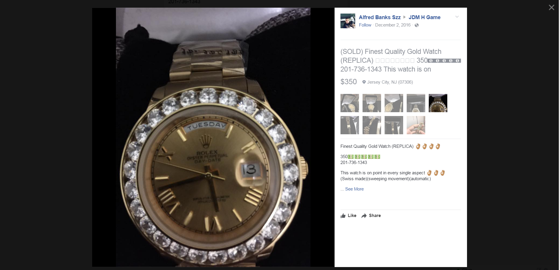 | This is another one of his Facebook ads for a sold counterfeit Rolex replica watch for $350. |