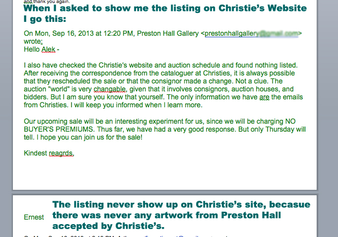 A letter form Preston Hall making up excuses for an artwork that supposedly they sold and now the same artwork is at Christie's auction.  Everything Preston Hall told em about this artwork proved to b