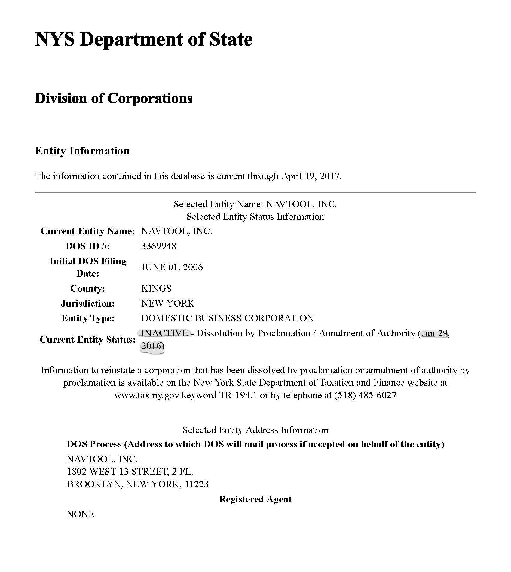 NAVTOOL, INC, an inactive corporation according to New York Dept of Corporations.