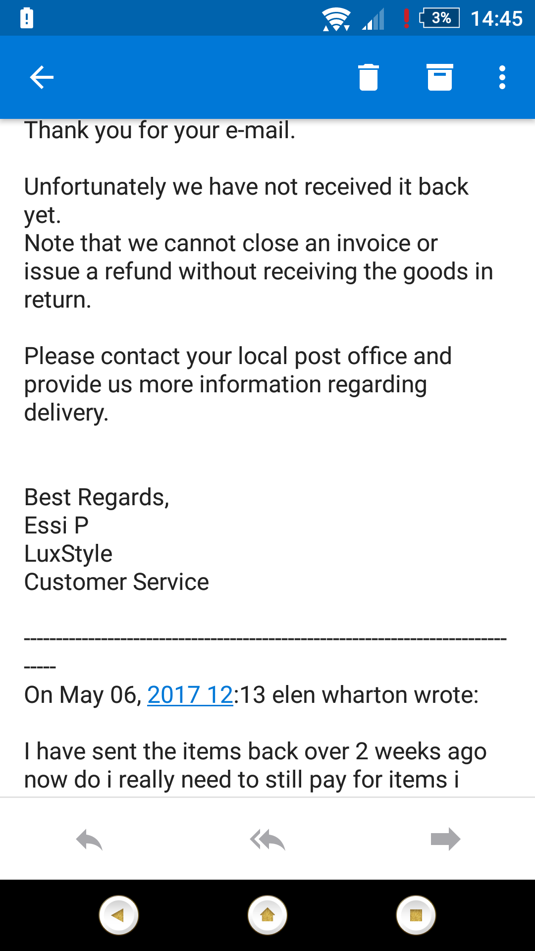 Proof that they deny receiving the products back that i returned 