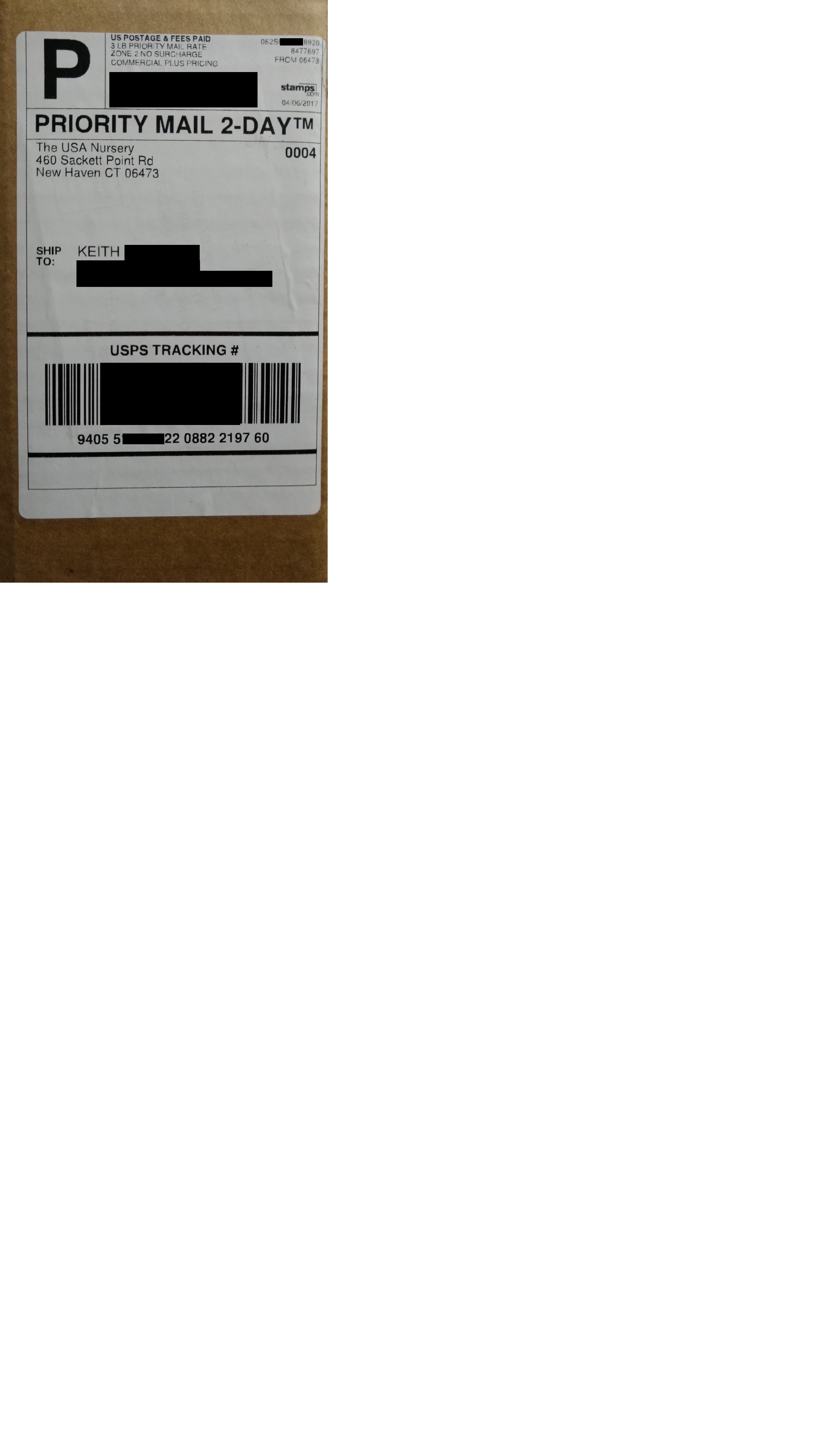 Shipping address showing fraudulent return address listed as CT when it came from Tennessee as is evident in the tracking info.  Redacted for privacy.