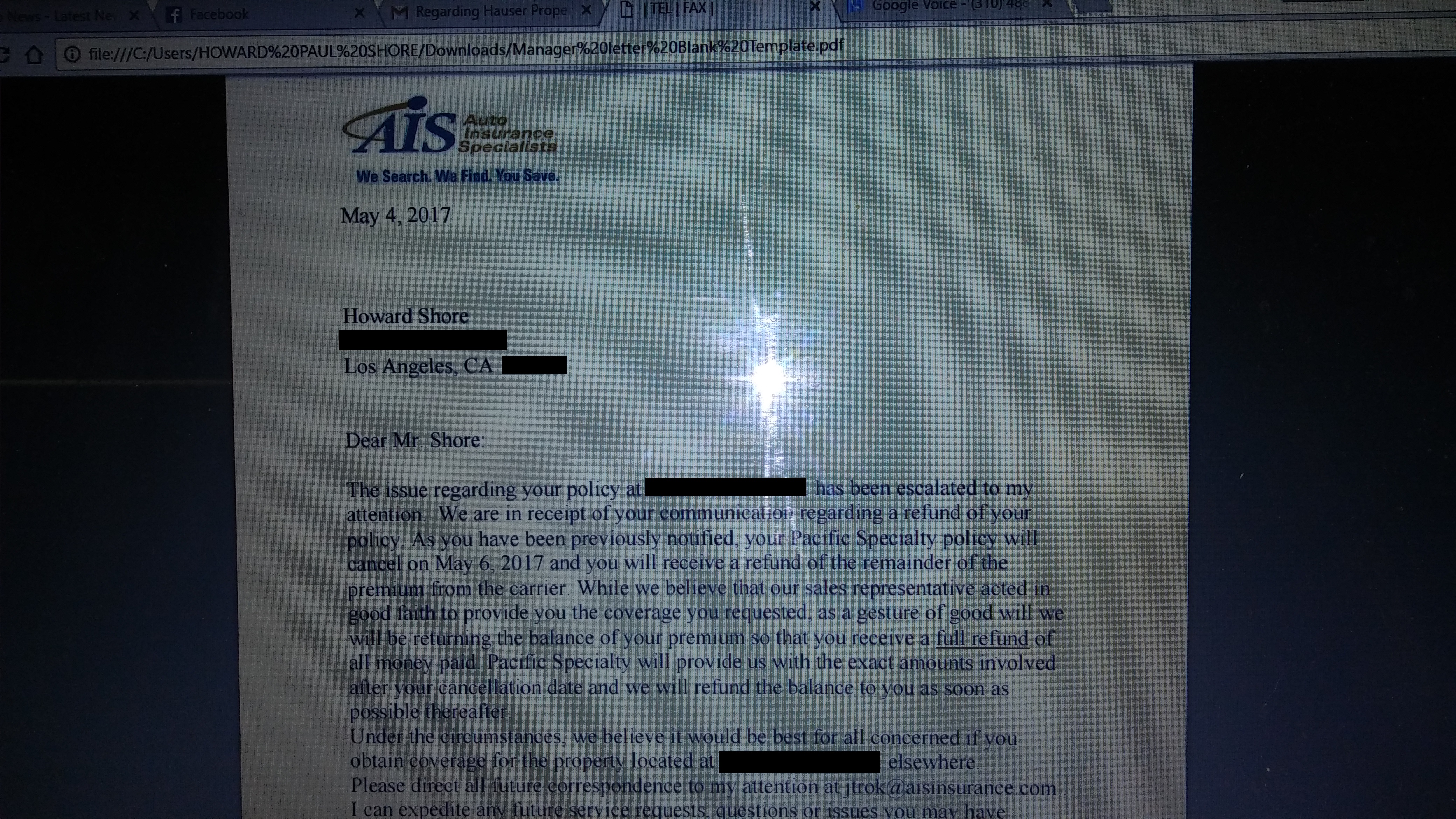 AIS INSURANCE REFUND FROM JIM TROK