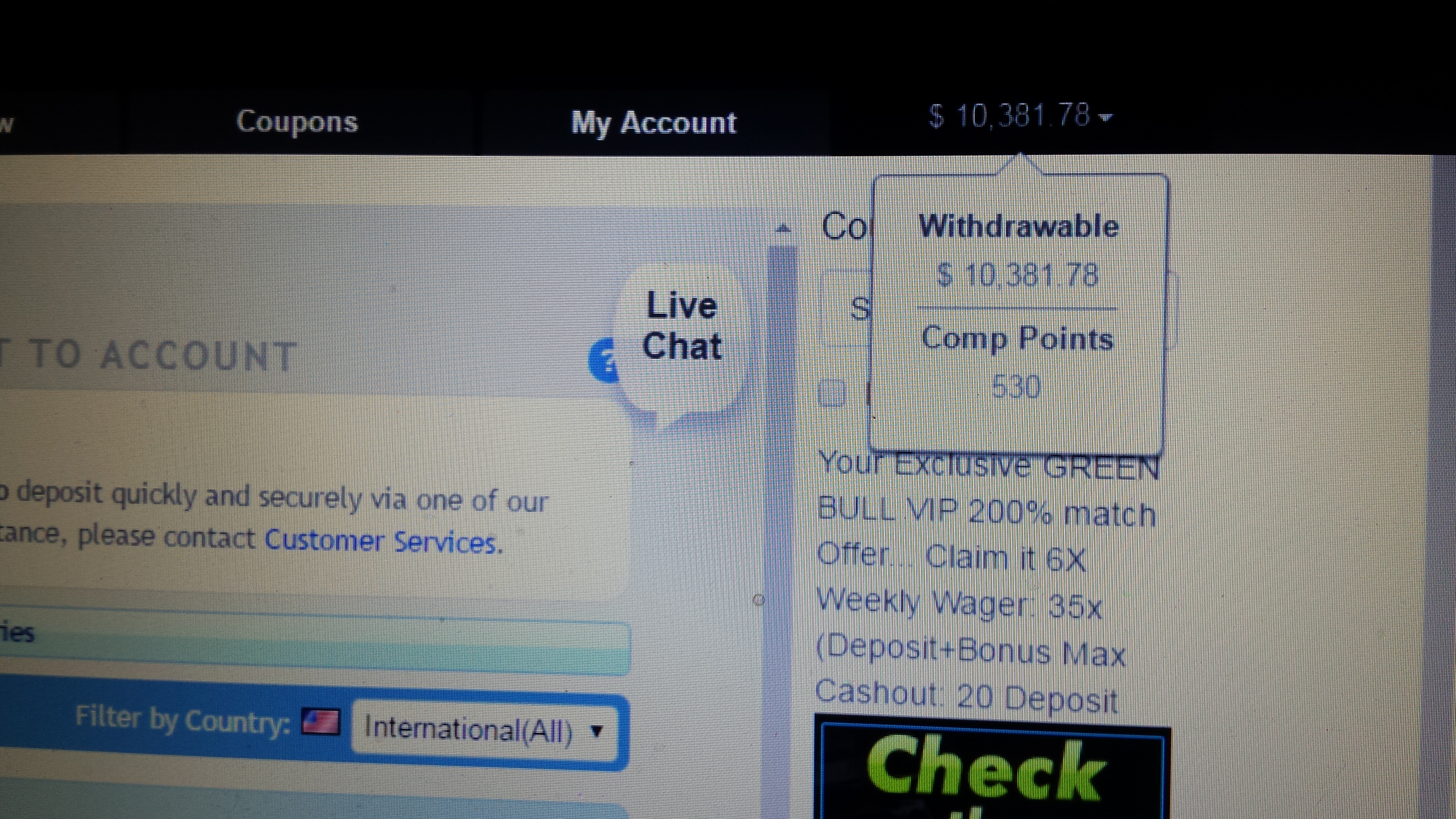 A screen shot of my winnings Raging Bull Casino refuses to pay.