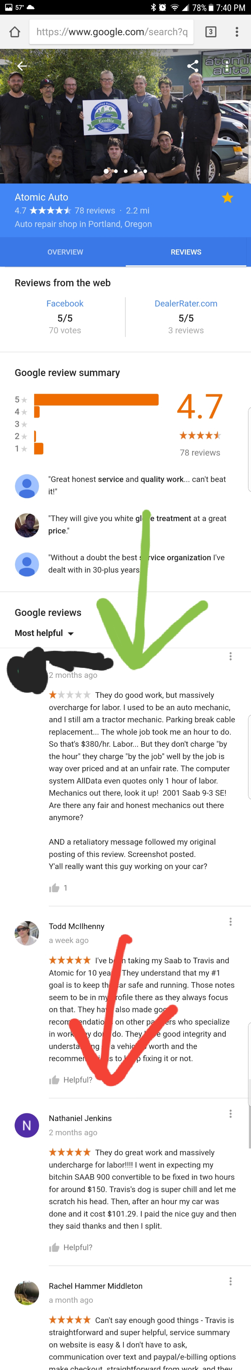 Fake review (Red arrow) posted in retaliation to my review (Green arrow). A mere ten minutes after I posted my review.