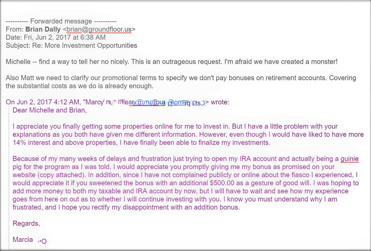 Email exchange referred to by Marcy in her complaint. Note: Email address and last name are blurred out.