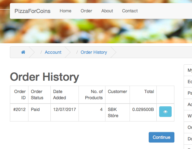 Order confirmed 7-12-2017 as shown on pizzaforcoins.com