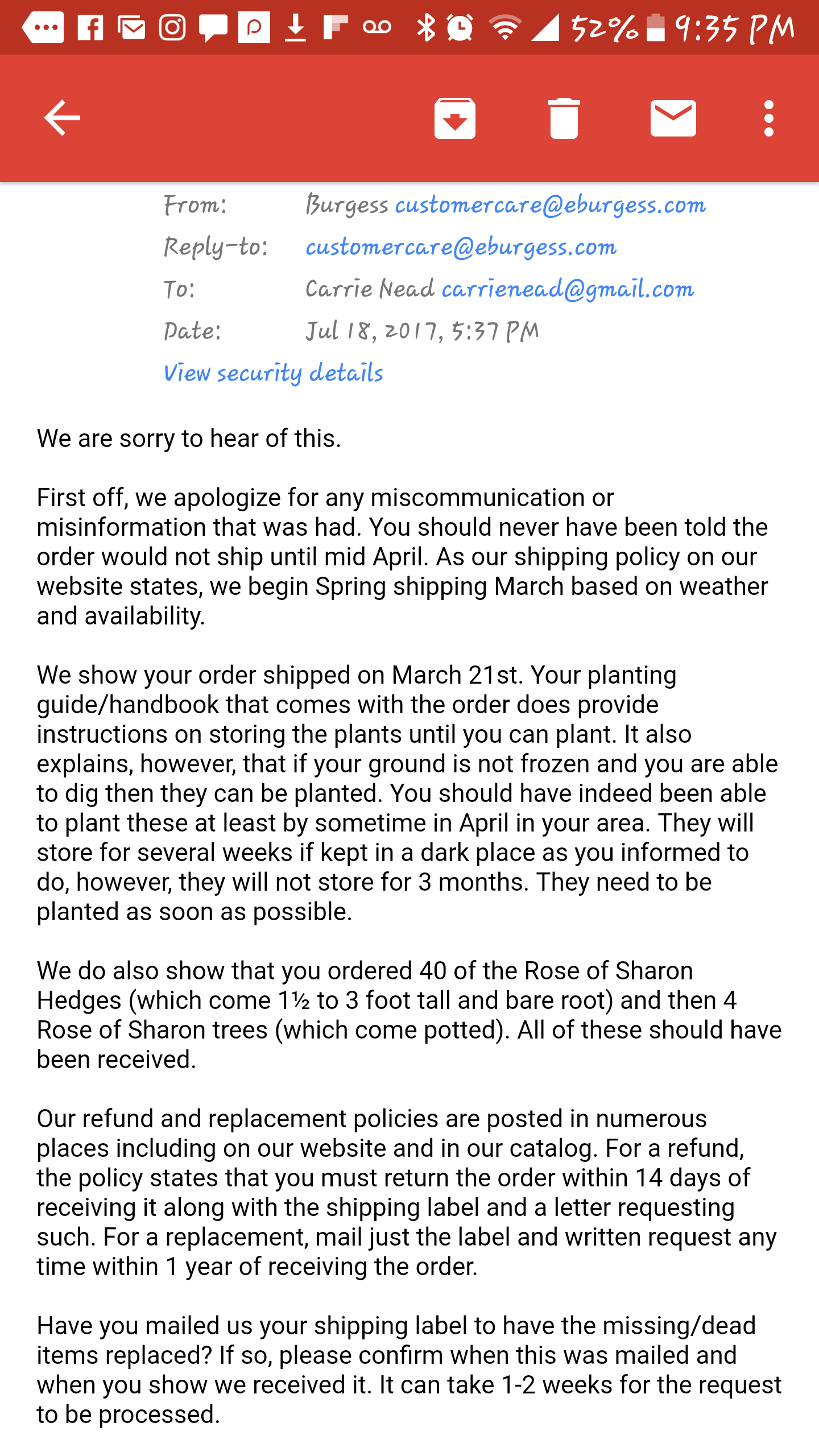 Email Response from Burgess asking again if i sent back yhr shipping label.