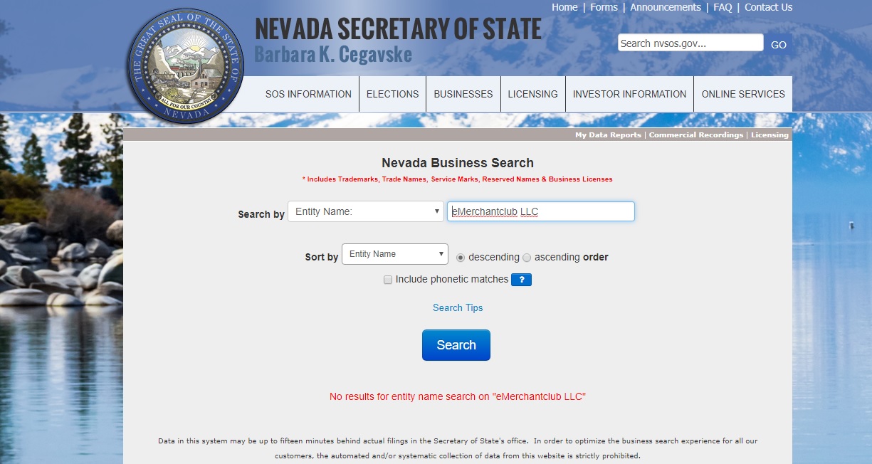 Not found on the Secretary of State website. I did try a space between Emerchant and club and still nothing found.