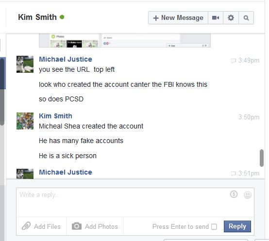 Kim Smith tells Mike Justice who made the death  threat on myself in messenger 