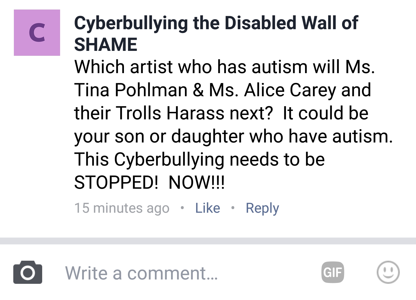 harassment to me by the Waters on one of their bully pages.