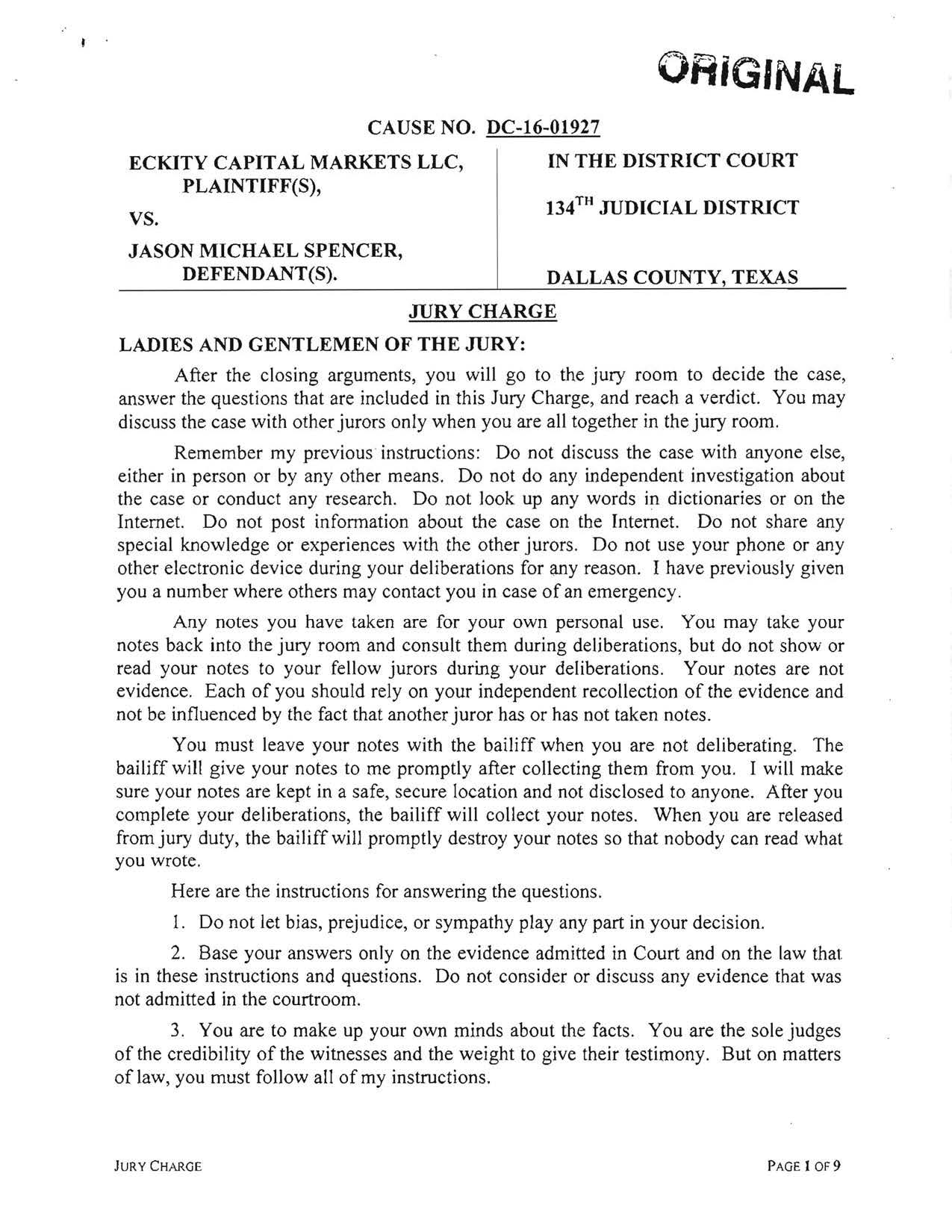 ECM vs Jason Spencer - jury verdict - Page 1